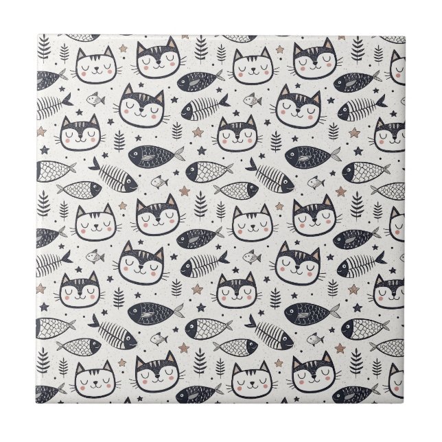 Cute Cat Face & Fish Bones Pattern - Kids Design Tile (Front)