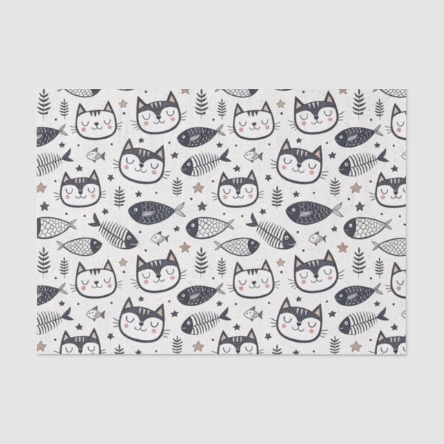 Cute Cat Face & Fish Bones Pattern - Kids Design Tissue Paper (Front)