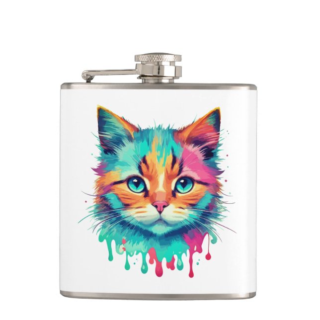 Cute Cat Face Multicolored Design-89059 Hip Flask (Front)