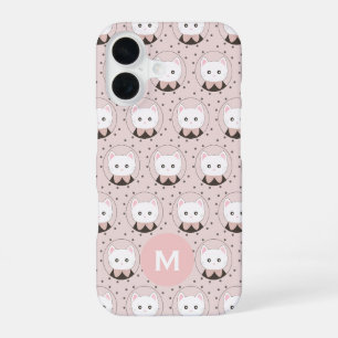 Cute Cat Face Pink Dotty Pattern Monogram iPhone 16 Case