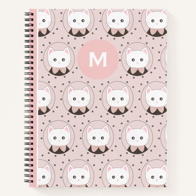Cute Cat Face Pink Dotty Pattern Monogram Notebook (Front)