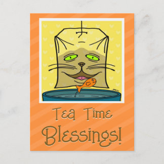 Cute Cat Face Tea Time Blessings Thinking Of You Postcard