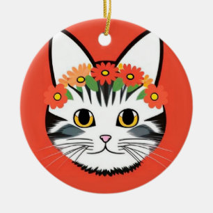 Cute Cat Face Vibrant Illustration Ceramic Tree Decoration