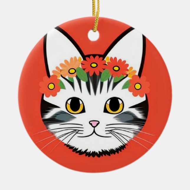 Cute Cat Face Vibrant Illustration Ceramic Tree Decoration (Front)