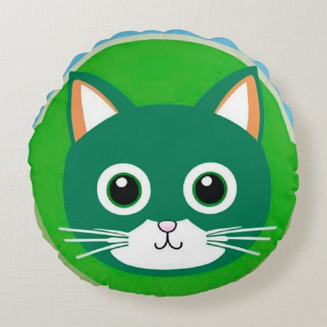 Cute Cat Face Vibrant Illustration Round Cushion (Front)