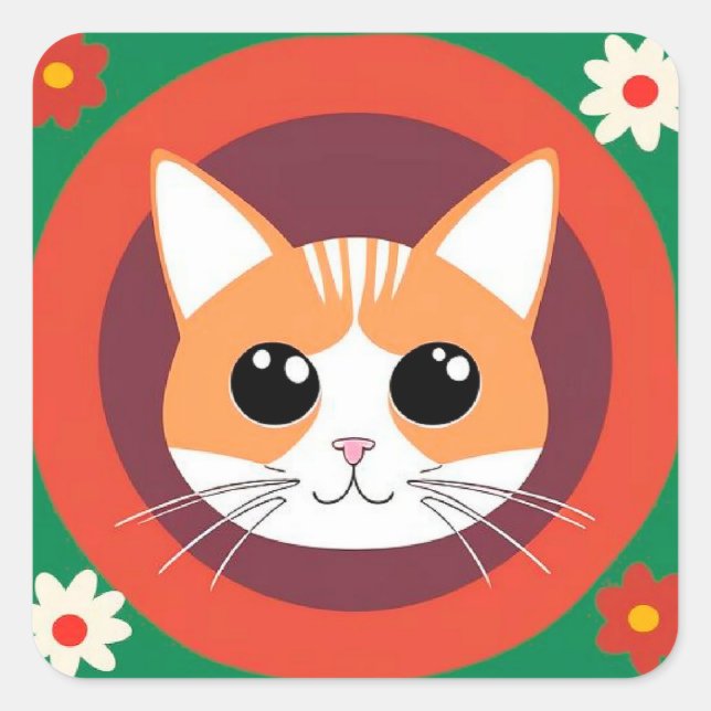 Cute Cat Face Vibrant Illustration Square Sticker (Front)