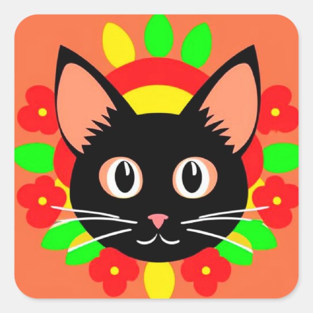Cute Cat Face Vibrant Illustration Square Sticker (Front)