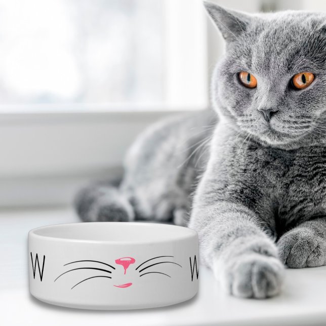 Cute Cat Face Whiskers Name Monogram Bowl (Creator Uploaded)