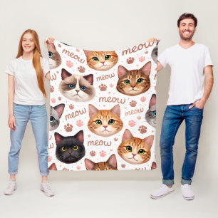 Cute cat faces and meow tech pattern soft fleece b blanket