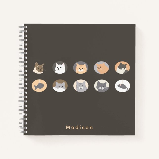Cute Cat Faces Dark Grey Notebook with Name (Front)
