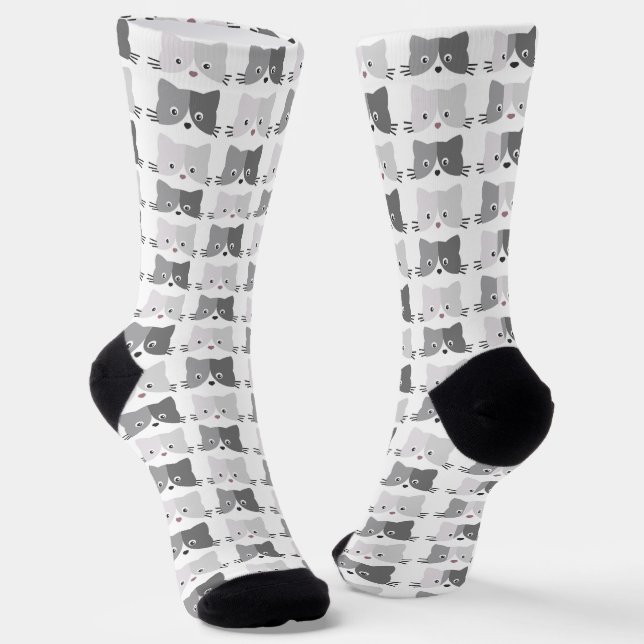Cute Cat Faces Grey Cat Lovers Pattern Socks (Angled)
