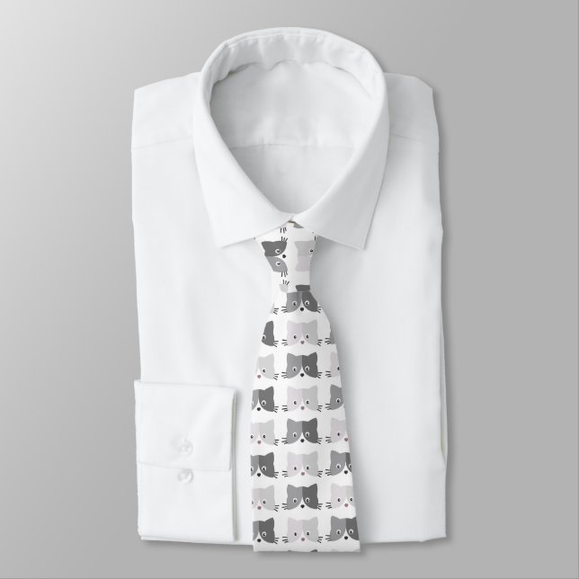 Cute Cat Faces Grey Cat Pattern Tie (Tied)