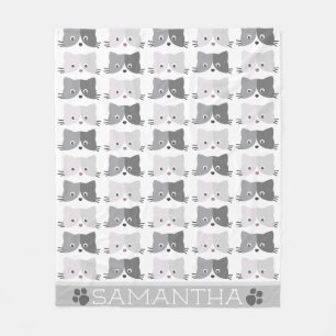 Cute Cat Faces Grey Personalised Cat Lovers Fleece Blanket