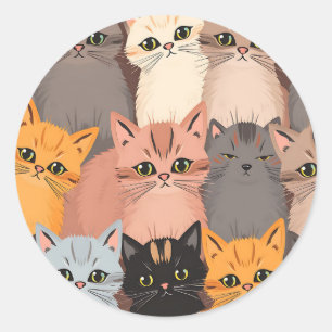 Cute Cat Faces Illustrated Pattern Classic Round Sticker