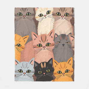 Cute Cat Faces Illustrated Pattern Fleece Blanket