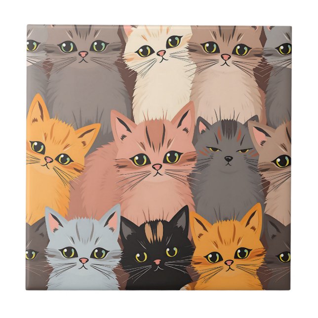 Cute Cat Faces Illustrated Pattern Tile (Front)