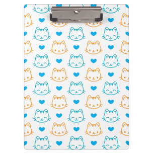 Cute Cat Faces Pattern Add Name Blue Orange Clipboard