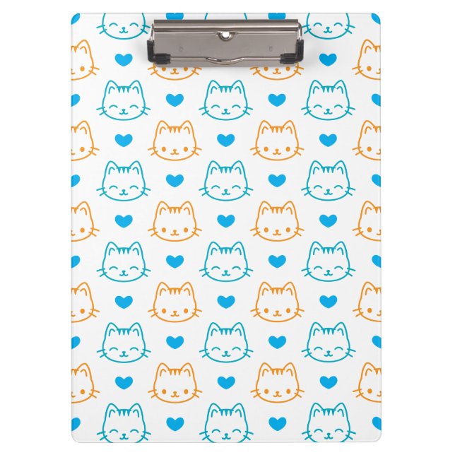 Cute Cat Faces Pattern Add Name Blue Orange  Clipboard (Front)