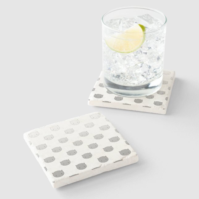 Cute Cat Faces Pattern Grey Stone Coaster (Side)
