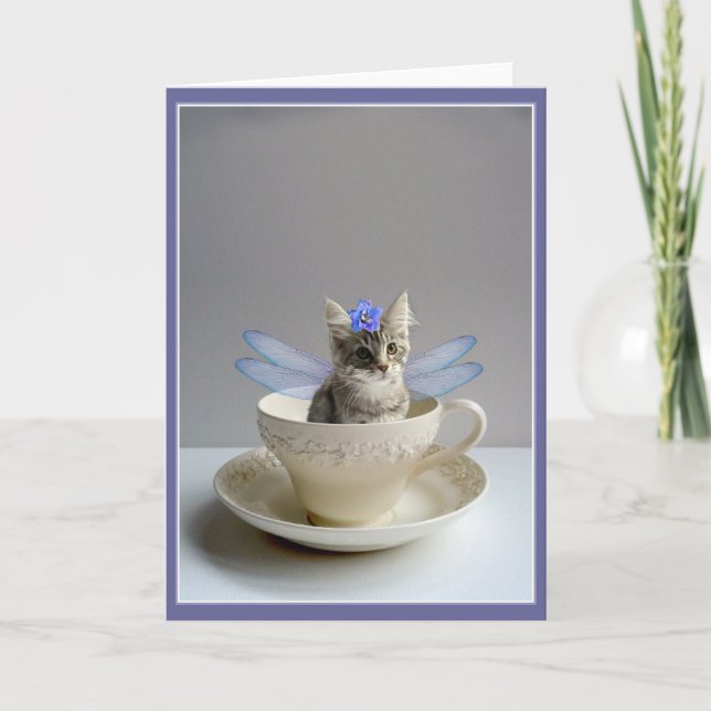 Cute Cat Fairy in Teacup greeting or note card (Front)