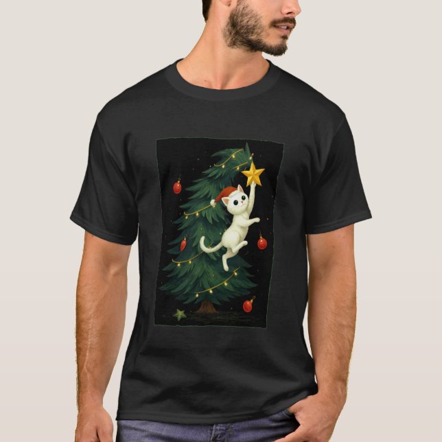Cute Cat Falling Christmas Tree Kitten Funny Xmas T-Shirt (Front)