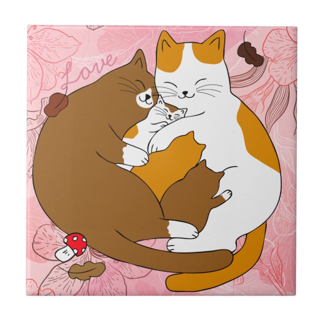 Cute Cat Family  Ceramic Tile (Front)