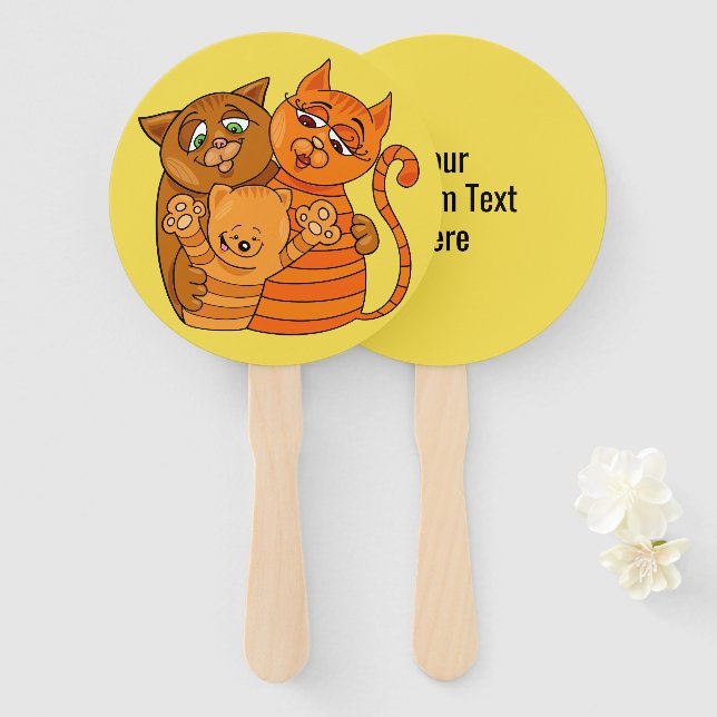 Cute Cat Family custom text & colour hand fan set (Front and Back)