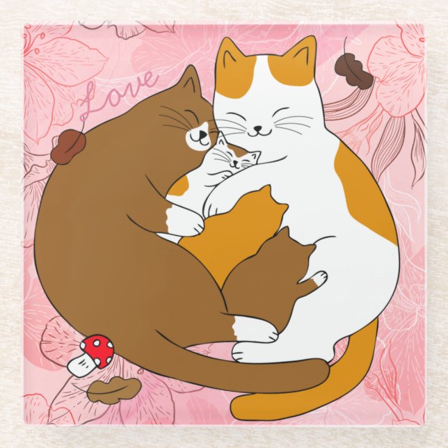 Cute Cat Family Glass Coaster (Front)