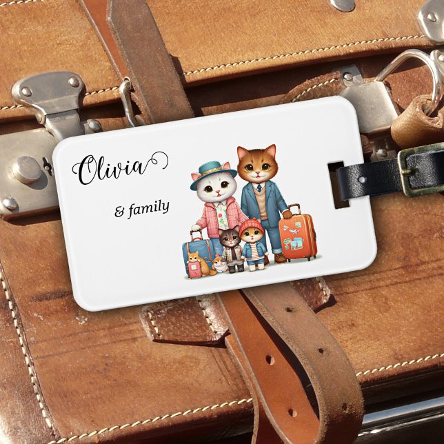 Cute Cat Family  Luggage Tag (Luggage tag featuring a colorful illustration of a cat family embarking on a travel adventure)
