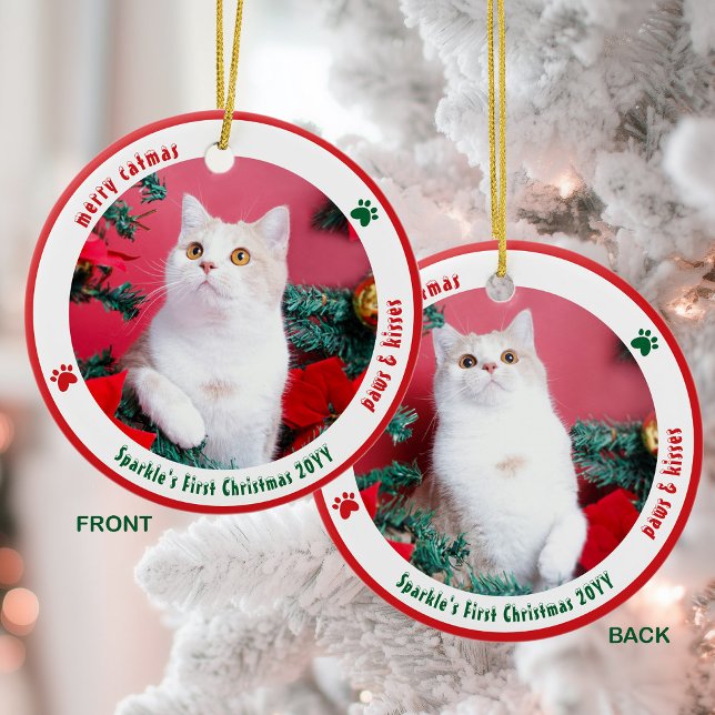 Cute Cat First Christmas Custom Pet Photo Ceramic Tree Decoration (Creator Uploaded)