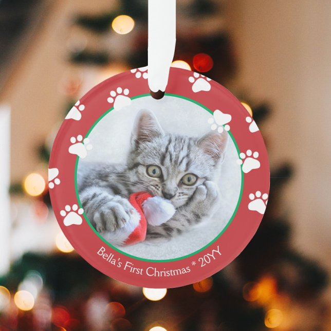 Cute Cat First Christmas Paw prints Red Green Ornament (Creator Uploaded)