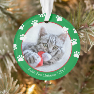 Cute Cat First Christmas Pawprints Green Red Ornament