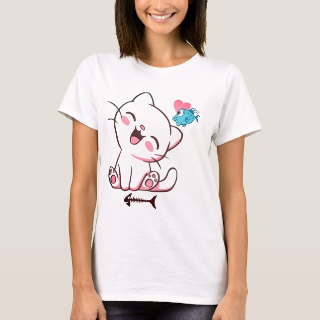 Cute cat,fish，Fishbone T-Shirt (Front)