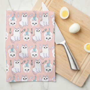 Cute Cat & Fish Pattern Tea Towel