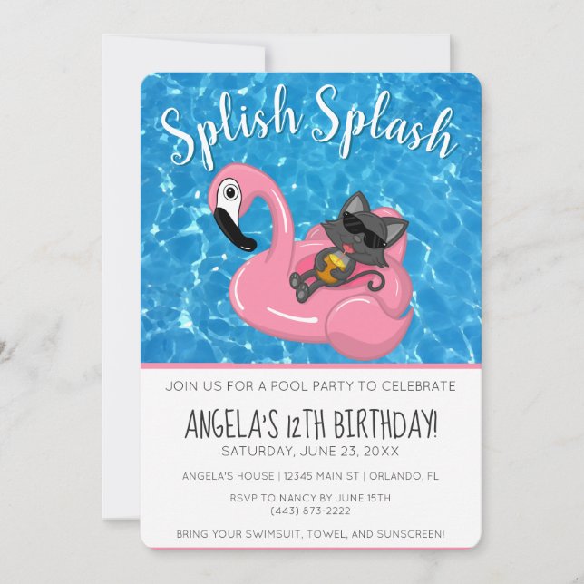 Cute Cat Flamingo Kids Birthday Pool Party Invitation (Front)