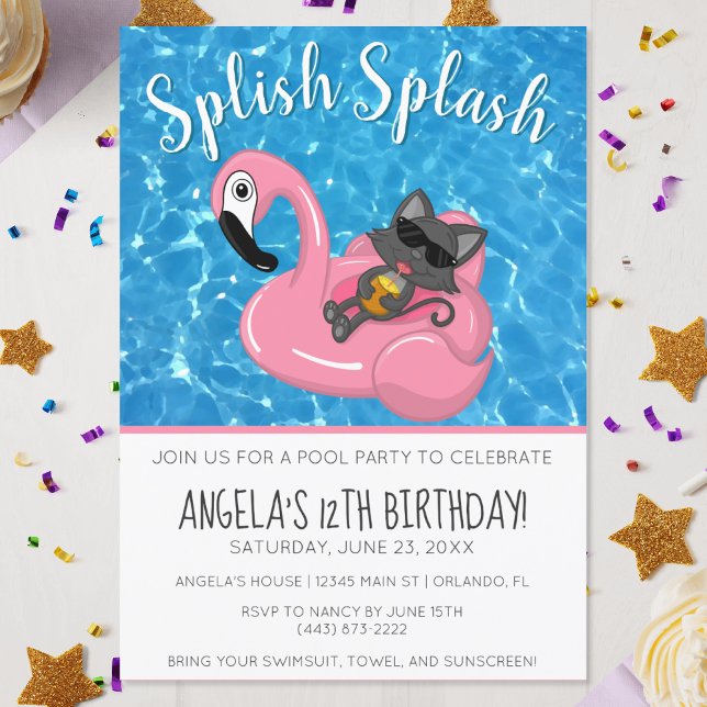 Cute Cat Flamingo Kids Birthday Pool Party Invitation (Cute Cat Flamingo Kids Birthday Pool Party Invitation)