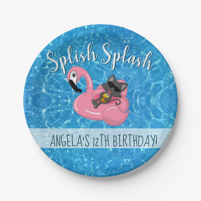 Cute Cat Flamingo Kids Birthday Pool Party Paper Plate (Front)