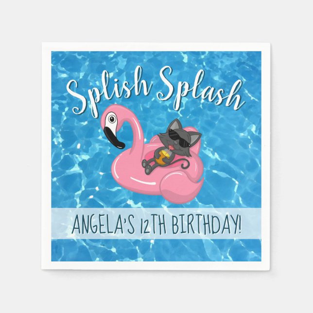 Cute Cat Flamingo Kids Pool Party Birthday Napkin (Front)