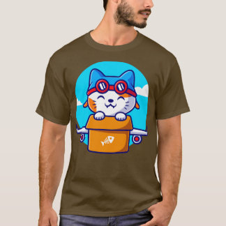 Cute Cat Flight With Cardboard Plane Cartoon T-Shirt