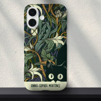 Cute Cat Floral Art Nouveau Green Blue Custom Name