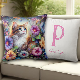 Cute Cat Floral Garden Custom Monogram Cushion