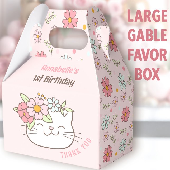 Cute Cat Floral Pink Girl 1st Birthday Large Favour Box (Cute Kitten Large Gable Favor Boxes - You can choose from 3 sizes of these gable favor boxes)