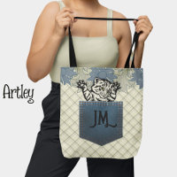 Cute Cat Floral Plaid Jean Pocket Monogram Initial
