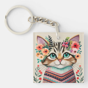 Cute Cat Floral Watercolor  Key Ring