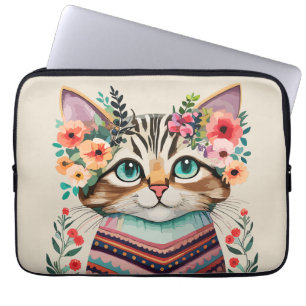 Cute Cat Floral Watercolor  Laptop Sleeve