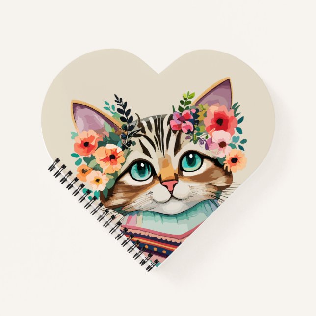 Cute Cat Floral Watercolor  Notebook (Front)