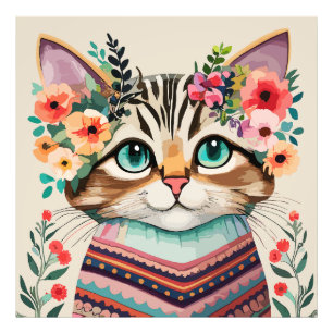 Cute Cat Floral Watercolor  Photo Print
