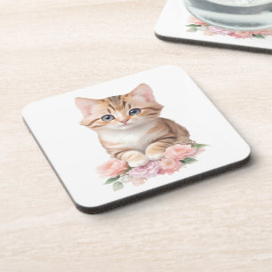 Cute Cat Floral Whimsical Feline Blossoms  Coaster