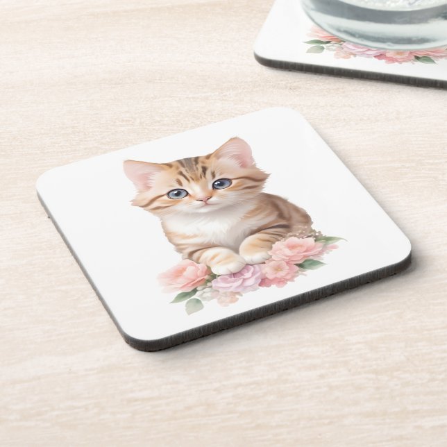 Cute Cat Floral Whimsical Feline Blossoms  Coaster (Left Side)