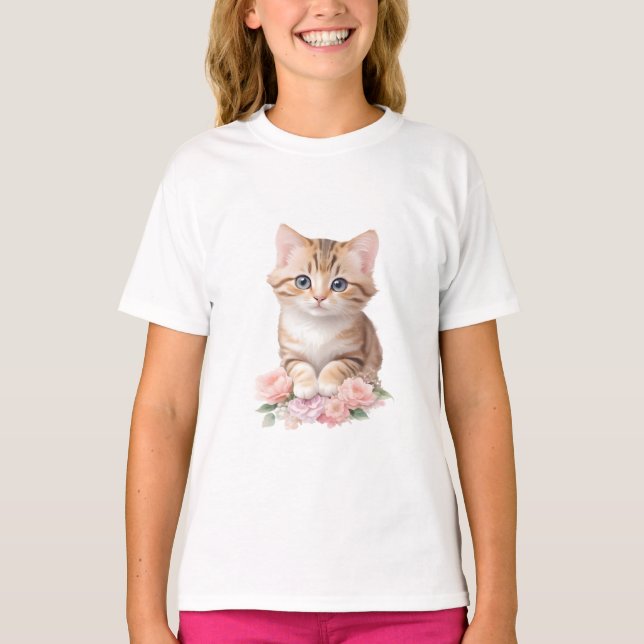 Cute Cat Floral Whimsical Feline Blossoms  T-Shirt (Front)